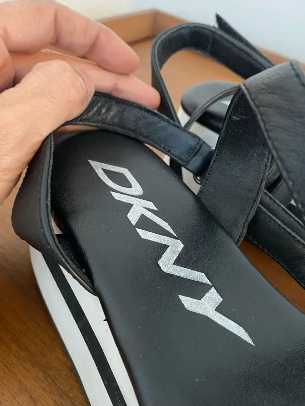 DKNY Black & White Leather Platform Sandals Ankle Strap